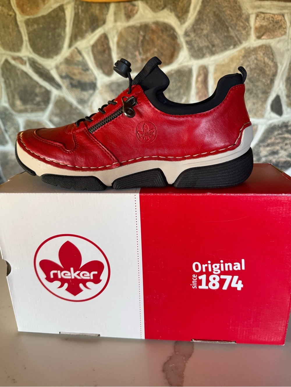 Rieker Women’s Red Leather Zip-Front Sneaker